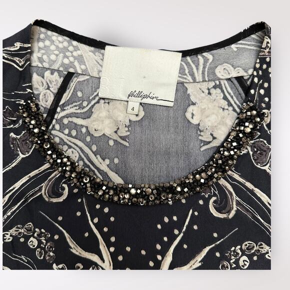 3.1 Phillip Lim Black and White Beaded Collar Long Sleeve Silk Dress Size 4 - Picture 2 of 7